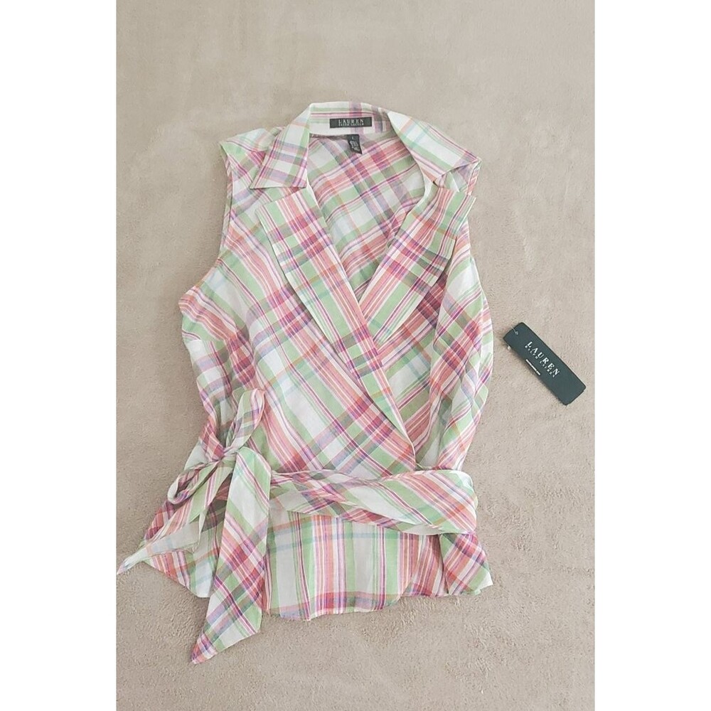 Lauren Ralph Lauren Pink Green Plaid Wrap Blouse - Size L - Picture 4 of 9